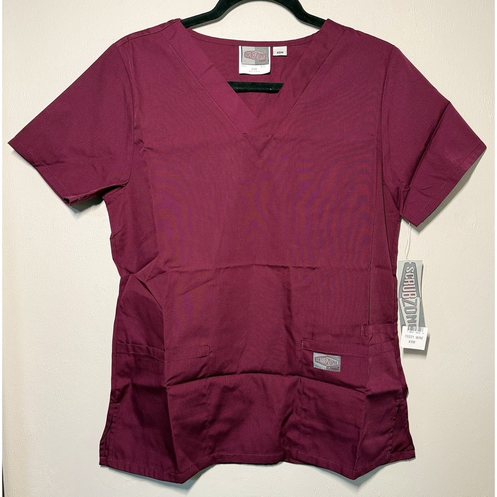 ScrubZone by Landau Scrub Top Women's XSM Wine V-Neck Short Sleeve 70221 NWT